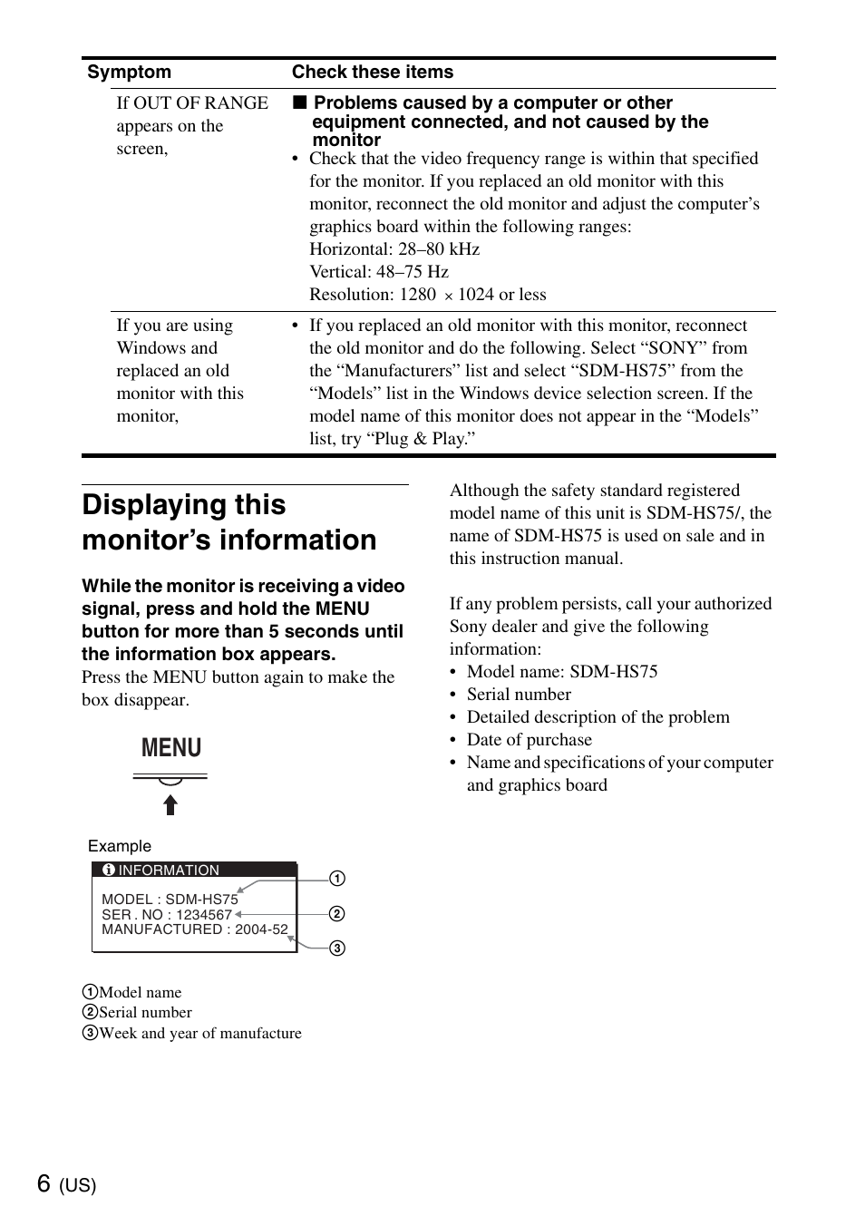 Displaying this monitor’s information, Menu | Sony SDM-HS75 User Manual | Page 6 / 20