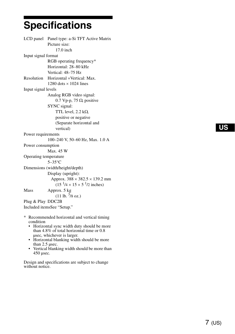 Specifications | Sony SDM-HS75 User Manual | Page 7 / 20