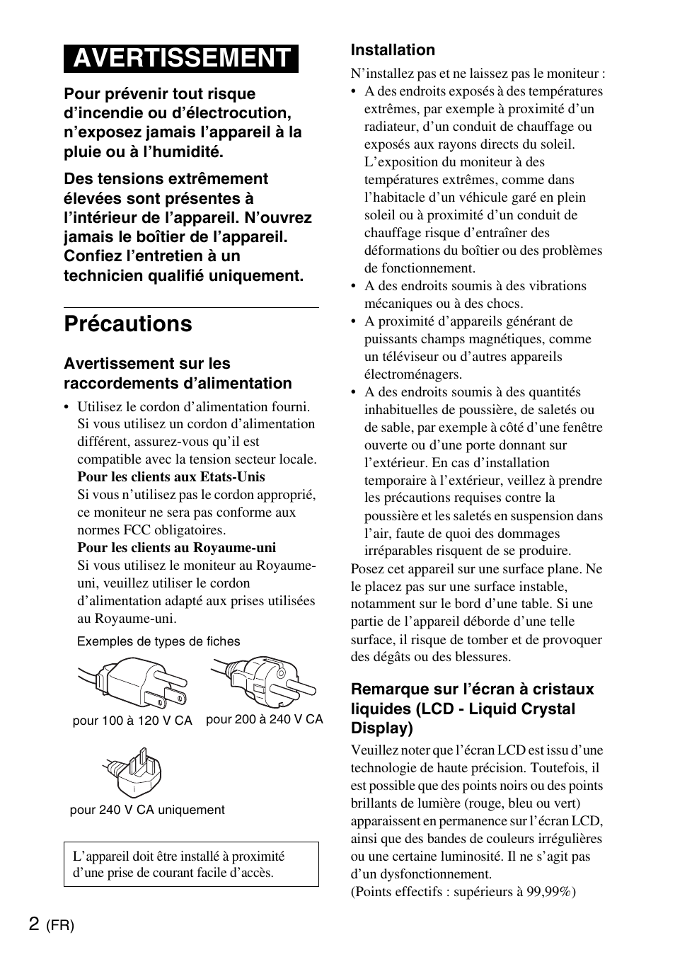 Avertissement, Précautions | Sony SDM-HS75 User Manual | Page 8 / 20
