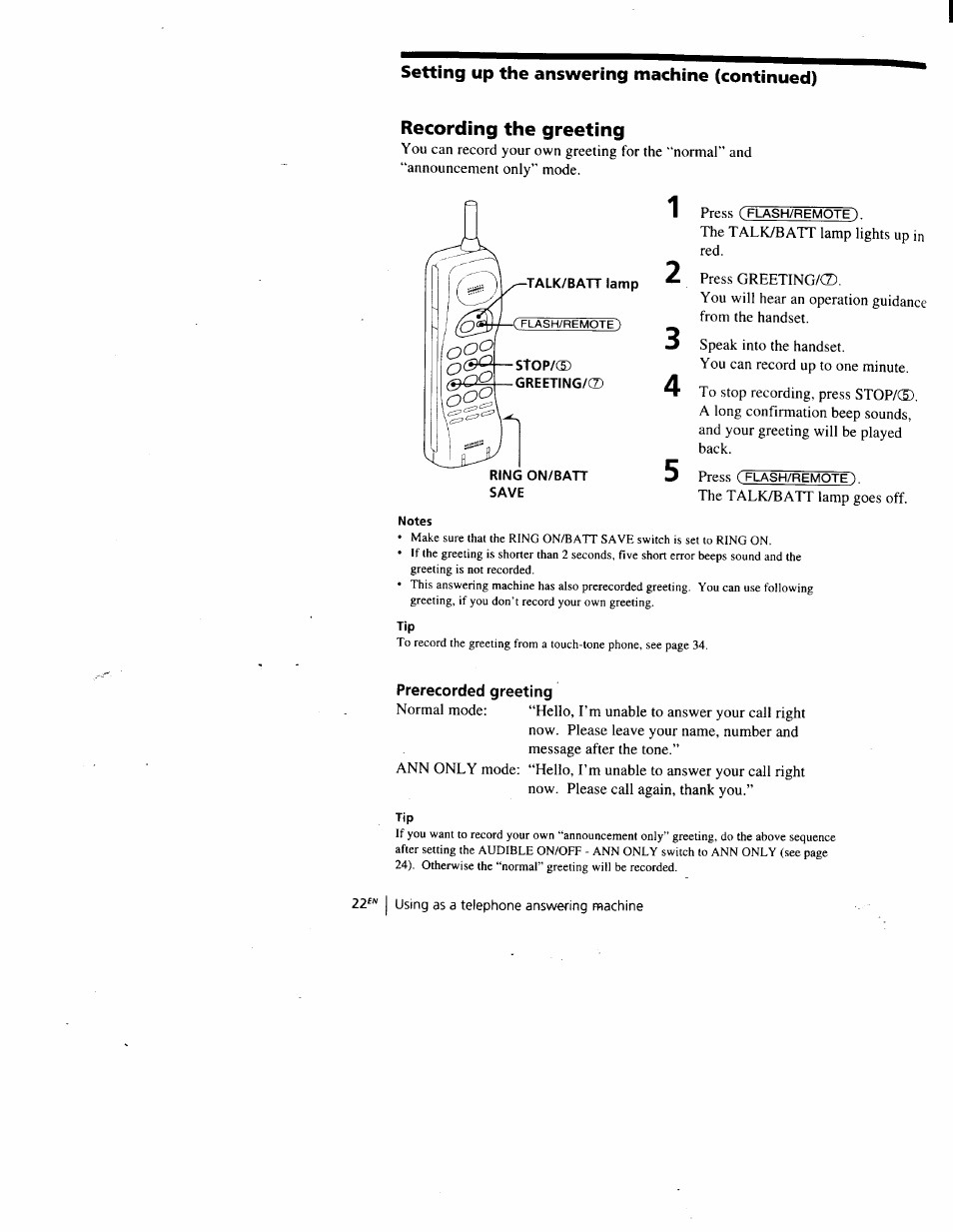 Recording the greeting, Prerecorded greeting | Sony SPP-A900 User Manual | Page 22 / 93