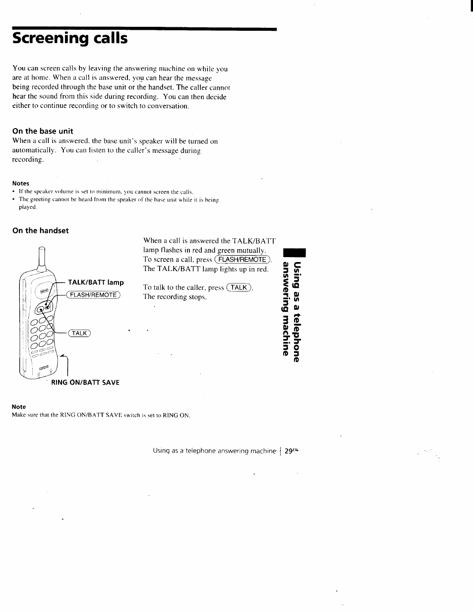 Screening calls, On the base unit, On the handset | Sony SPP-A900 User Manual | Page 29 / 93
