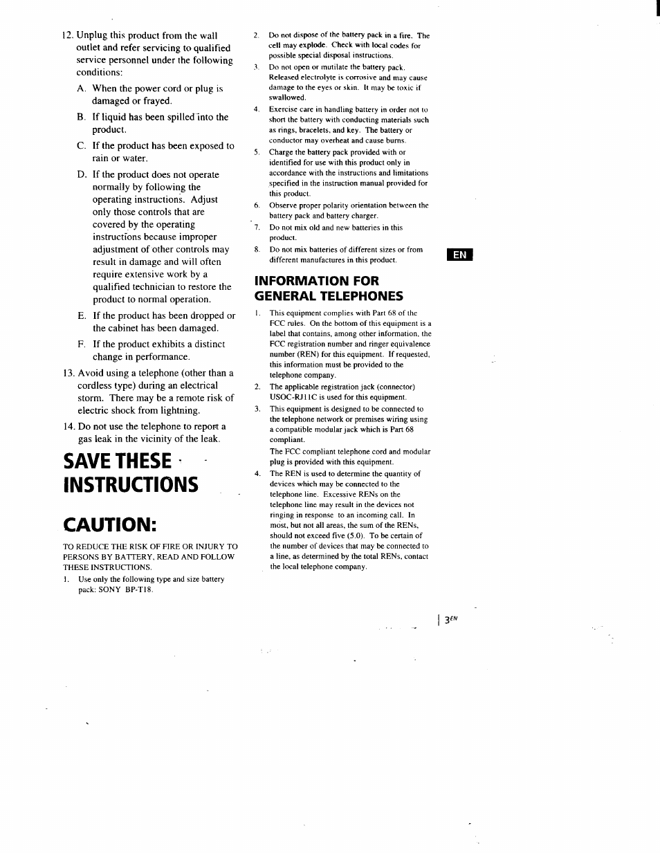 Save these instructions, Information for general telephones, Caution | Sony SPP-A900 User Manual | Page 3 / 93