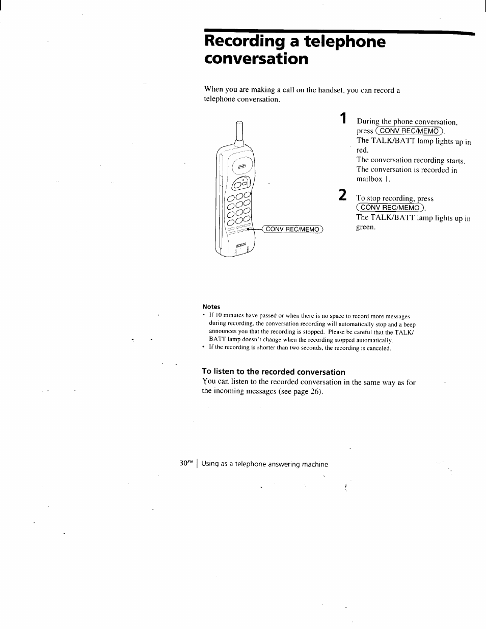 Recording a telephone conversation, To listen to the recorded conversation | Sony SPP-A900 User Manual | Page 30 / 93