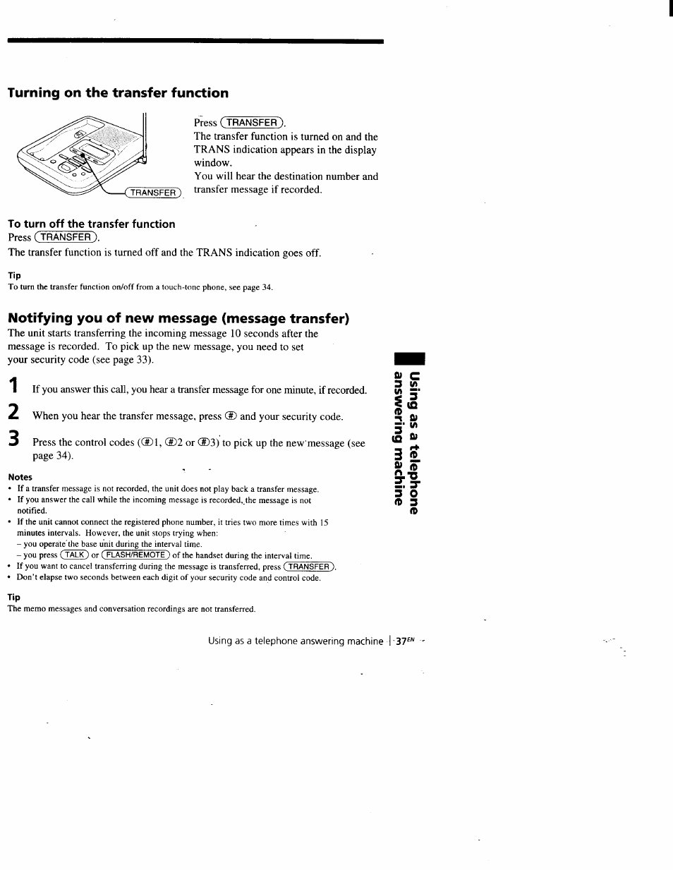 Turning on the transfer function, To turn off the transfer function, Notifying you of new message (message transfer) | Sony SPP-A900 User Manual | Page 37 / 93