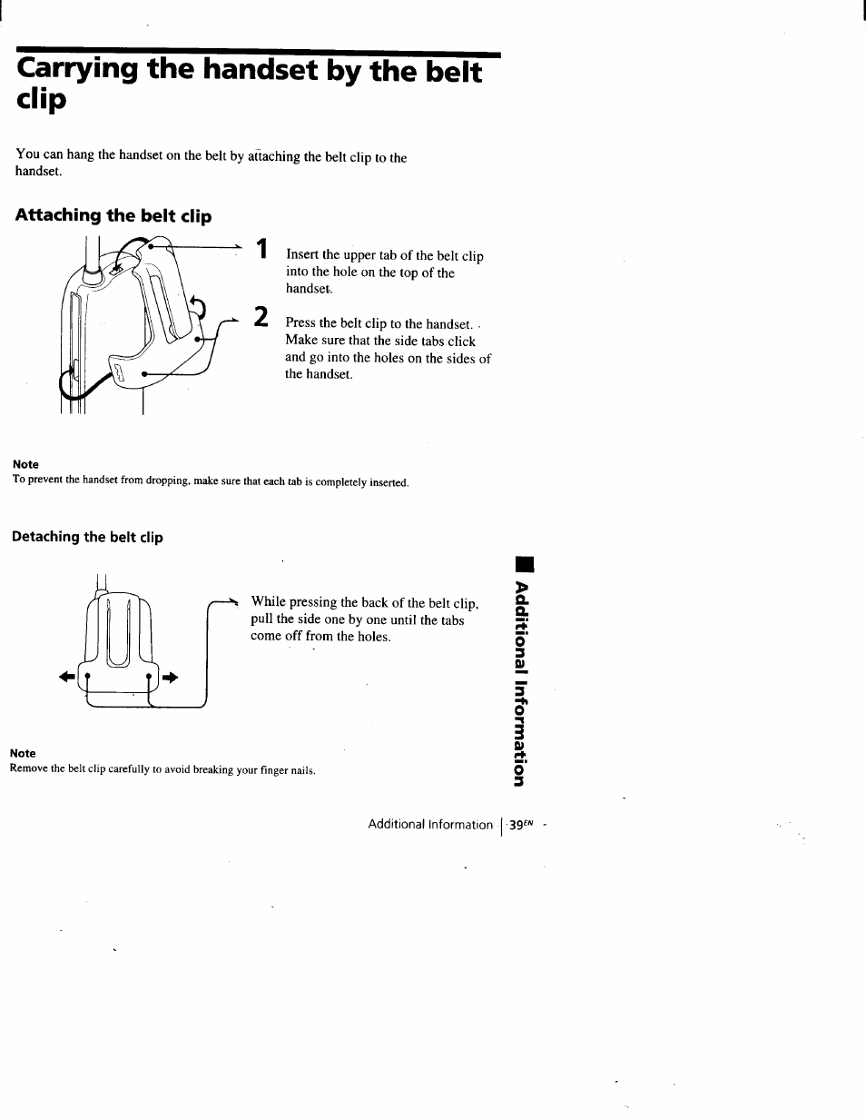 Carrying the handset by the belt clip, Attaching the belt clip, Detaching the belt clip | Sony SPP-A900 User Manual | Page 39 / 93
