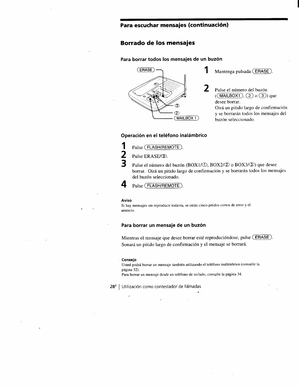 Para borrar todos los mensajes de un buzón, Para borrar un mensaje de un buzón | Sony SPP-A900 User Manual | Page 74 / 93