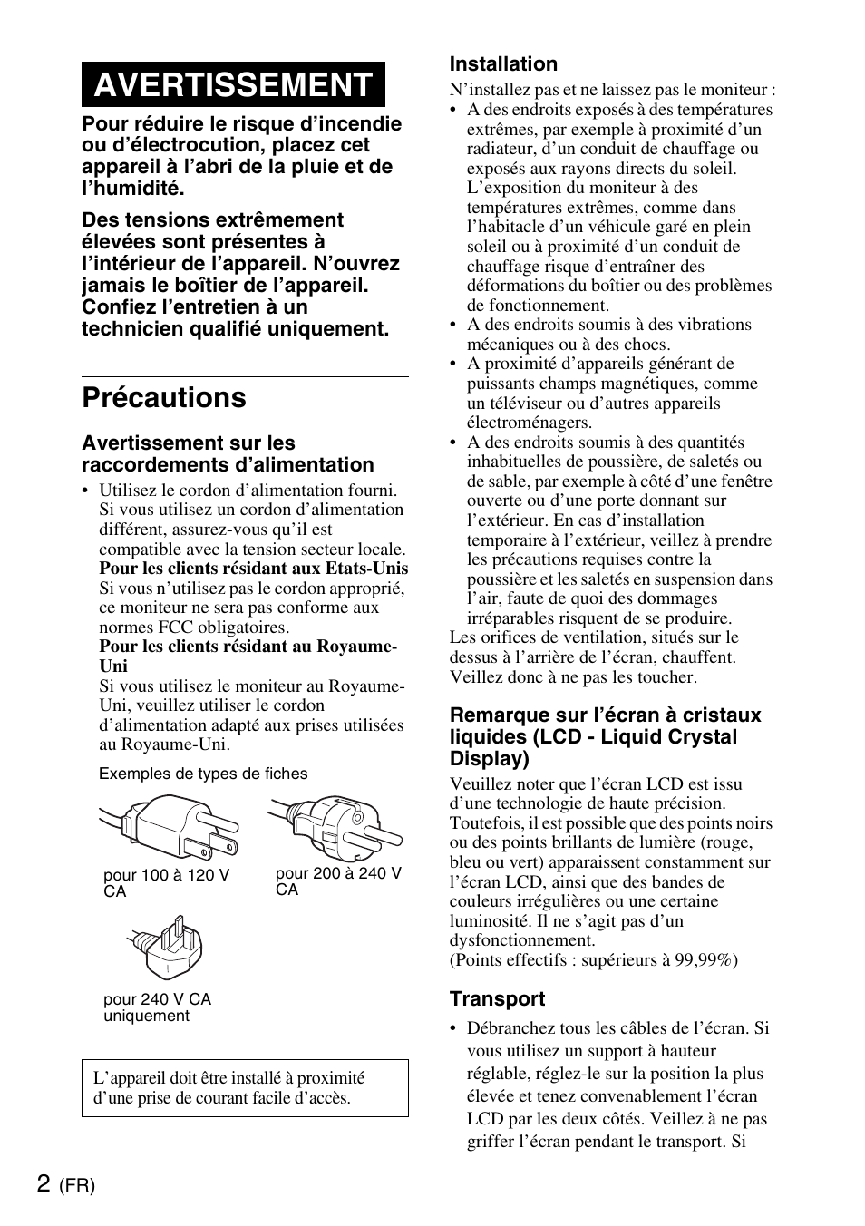 Précautions, Avertissement | Sony SDM-S205K User Manual | Page 10 / 36