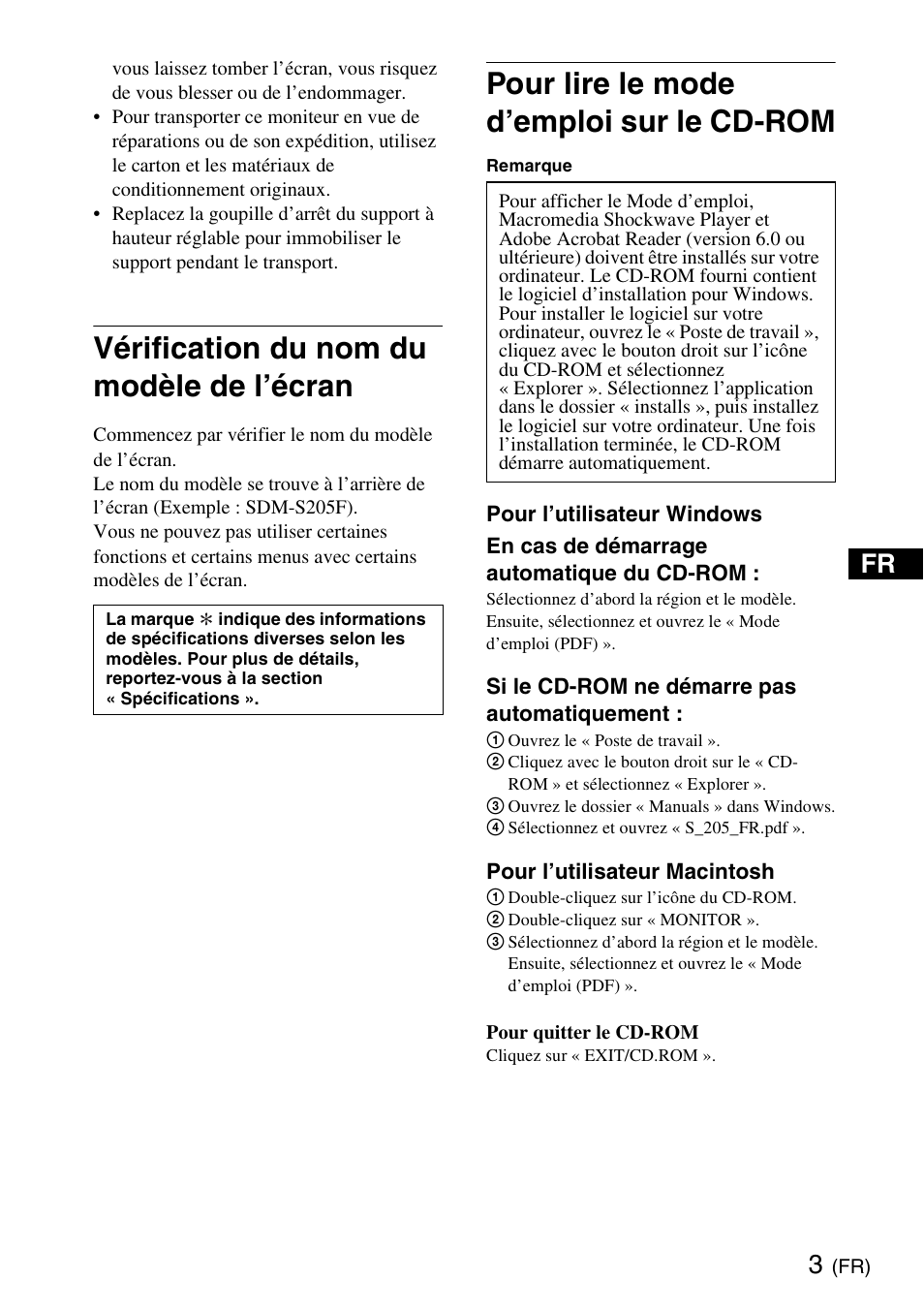Vérification du nom du modèle de l’écran, Pour lire le mode d’emploi sur le cd-rom | Sony SDM-S205K User Manual | Page 11 / 36