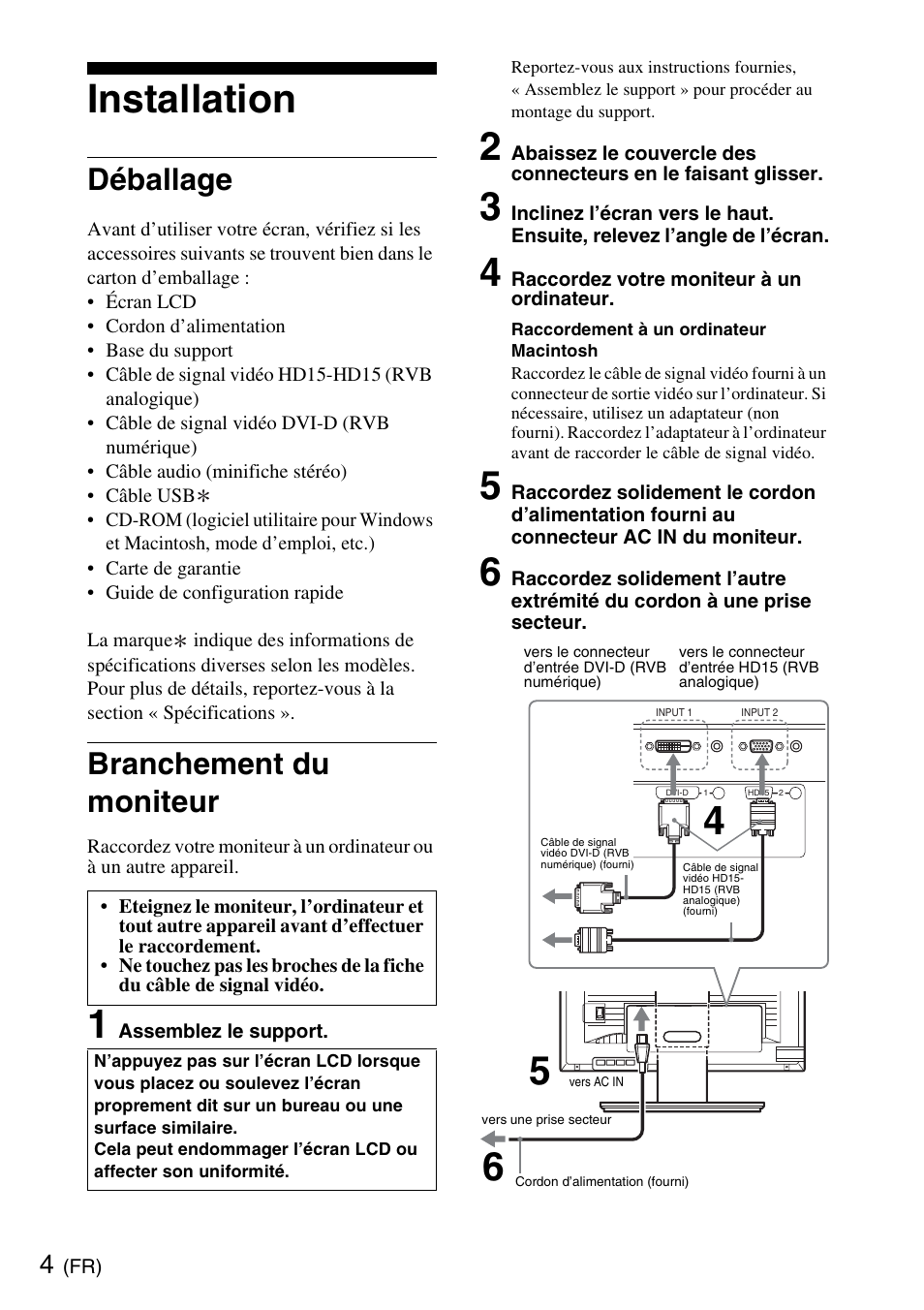 Installation, Déballage, Branchement du moniteur | Sony SDM-S205K User Manual | Page 12 / 36