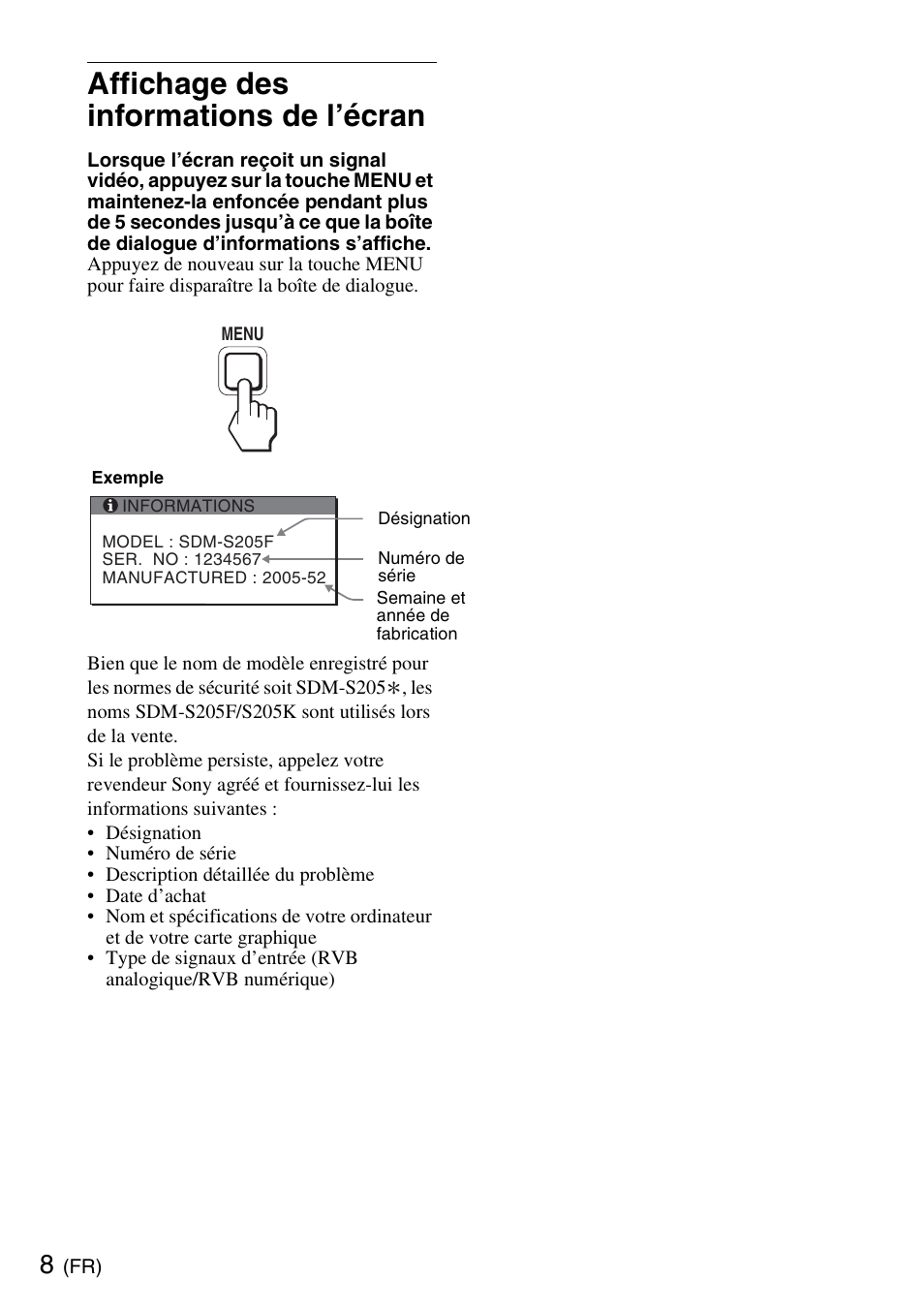 Affichage des informations de l’écran | Sony SDM-S205K User Manual | Page 16 / 36