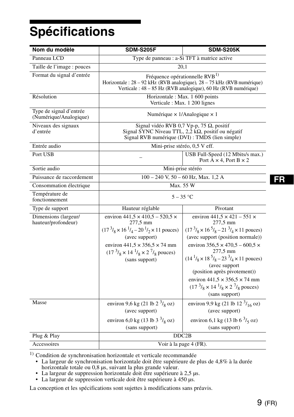 Spécifications | Sony SDM-S205K User Manual | Page 17 / 36