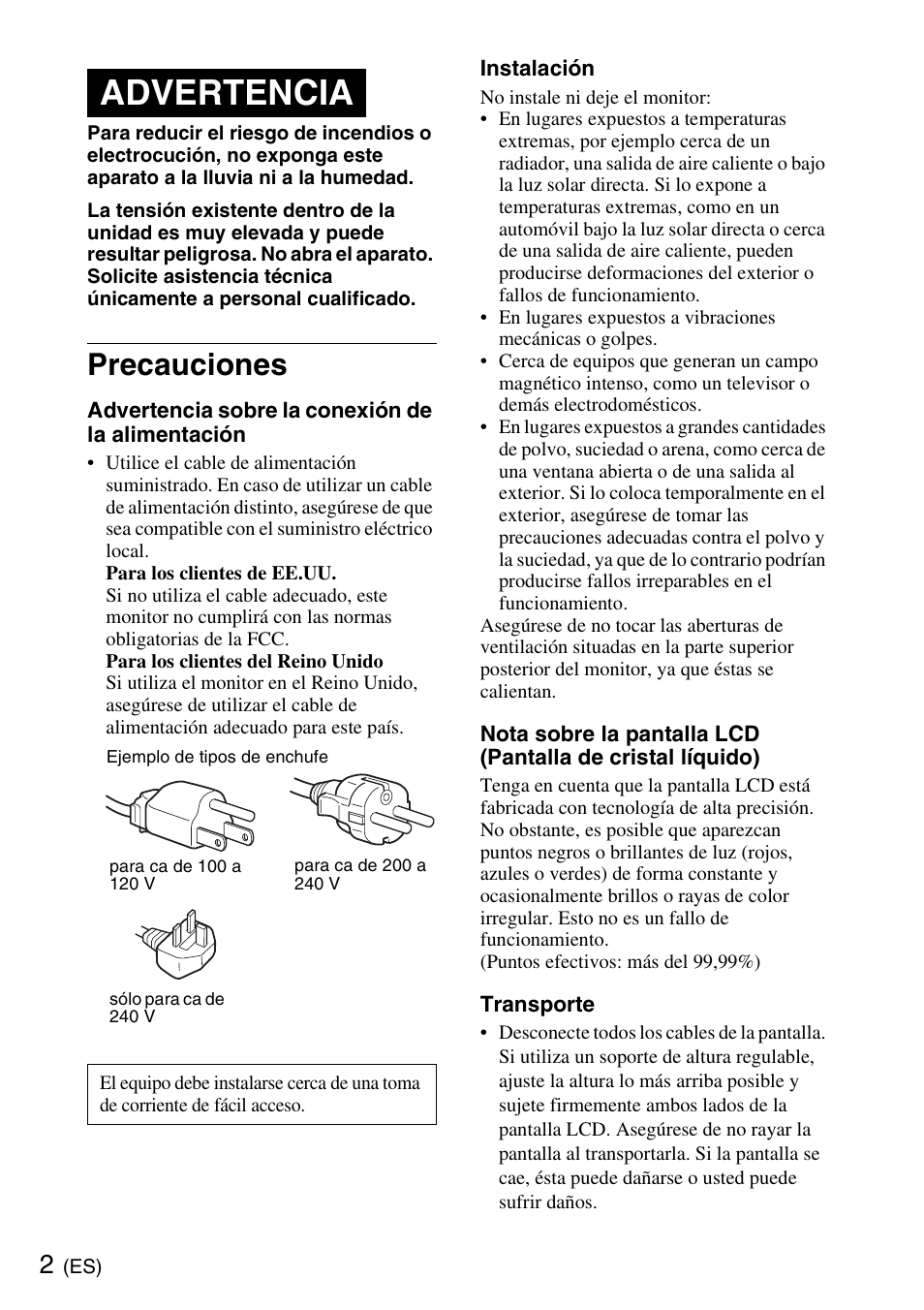 Precauciones, Advertencia | Sony SDM-S205K User Manual | Page 18 / 36