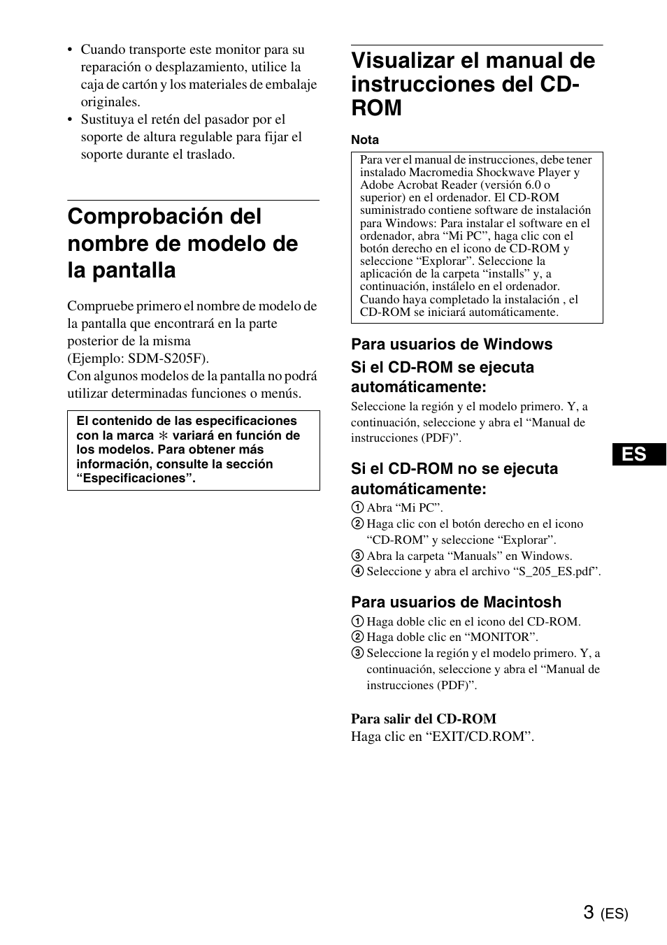 Comprobación del nombre de modelo de la pantalla, Visualizar el manual de instrucciones del cd- rom | Sony SDM-S205K User Manual | Page 19 / 36