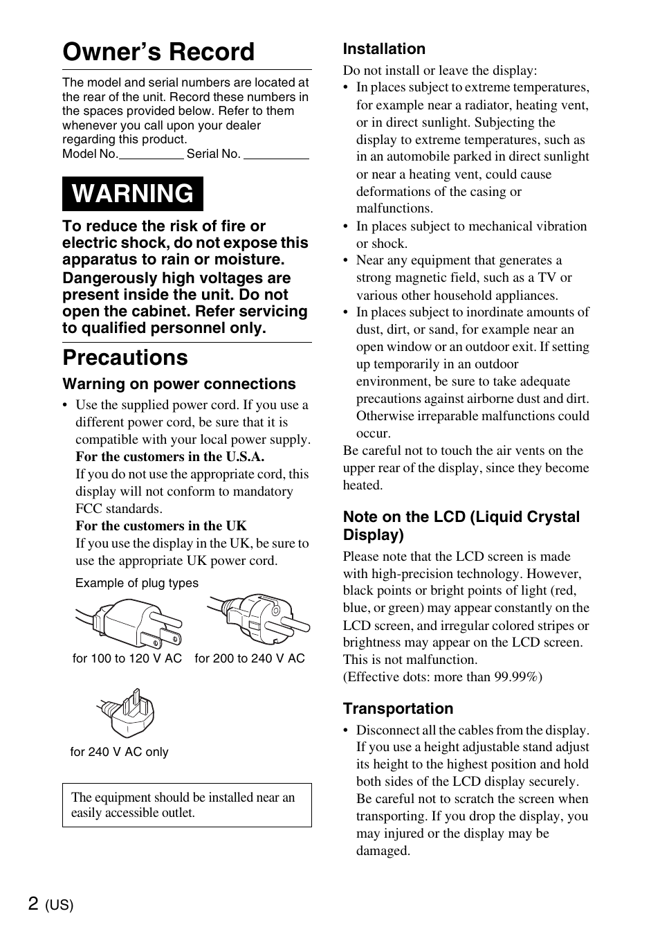 Precautions, Owner’s record, Warning | Sony SDM-S205K User Manual | Page 2 / 36