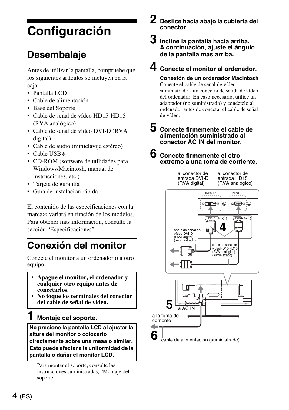 Configuración, Desembalaje, Conexión del monitor | Sony SDM-S205K User Manual | Page 20 / 36