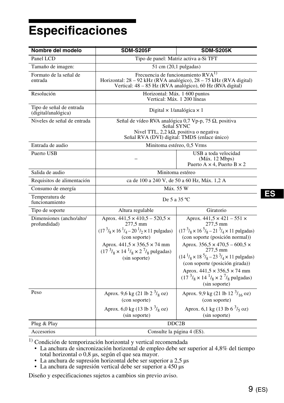 Especificaciones | Sony SDM-S205K User Manual | Page 25 / 36