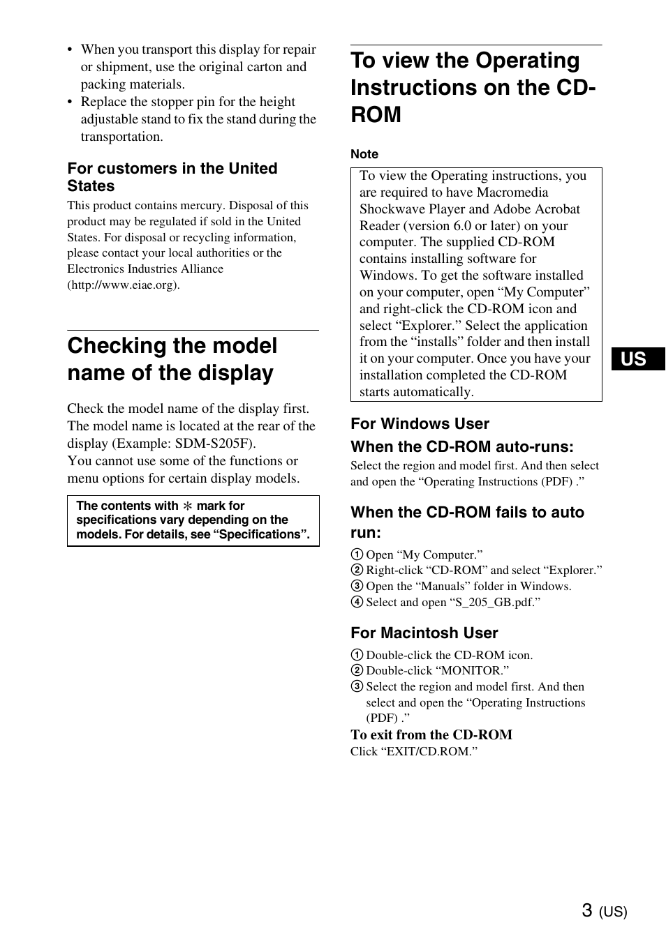 Checking the model name of the display, To view the operating instructions on the cd- rom | Sony SDM-S205K User Manual | Page 3 / 36
