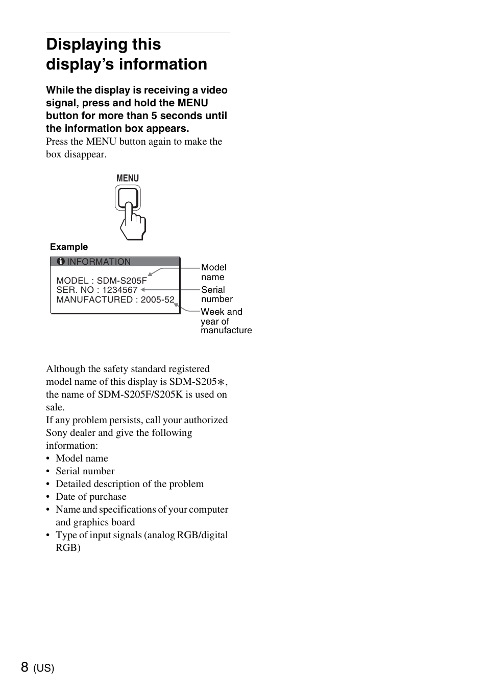 Displaying this display’s information | Sony SDM-S205K User Manual | Page 8 / 36