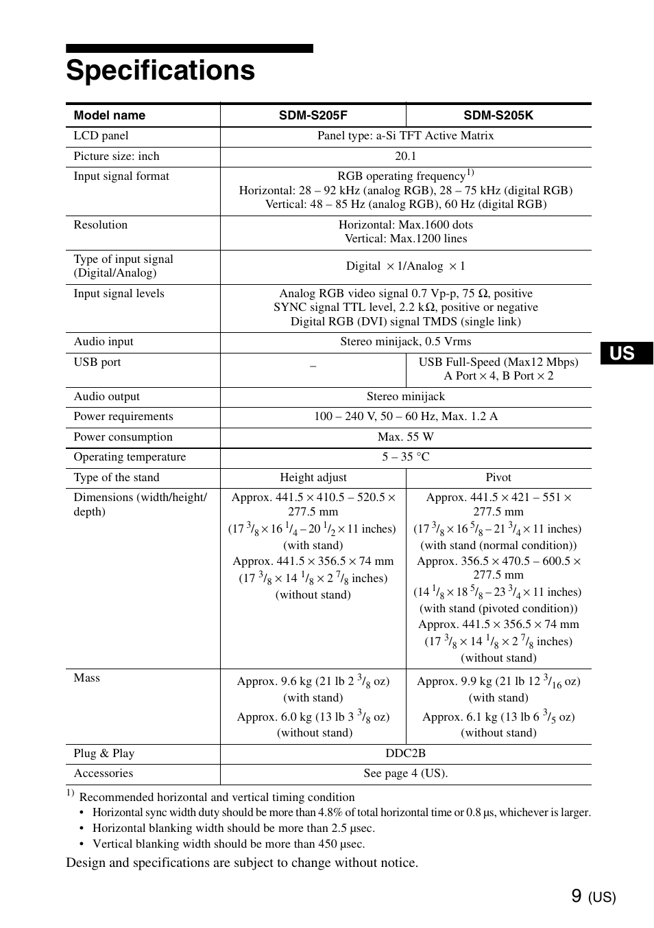 Specifications | Sony SDM-S205K User Manual | Page 9 / 36