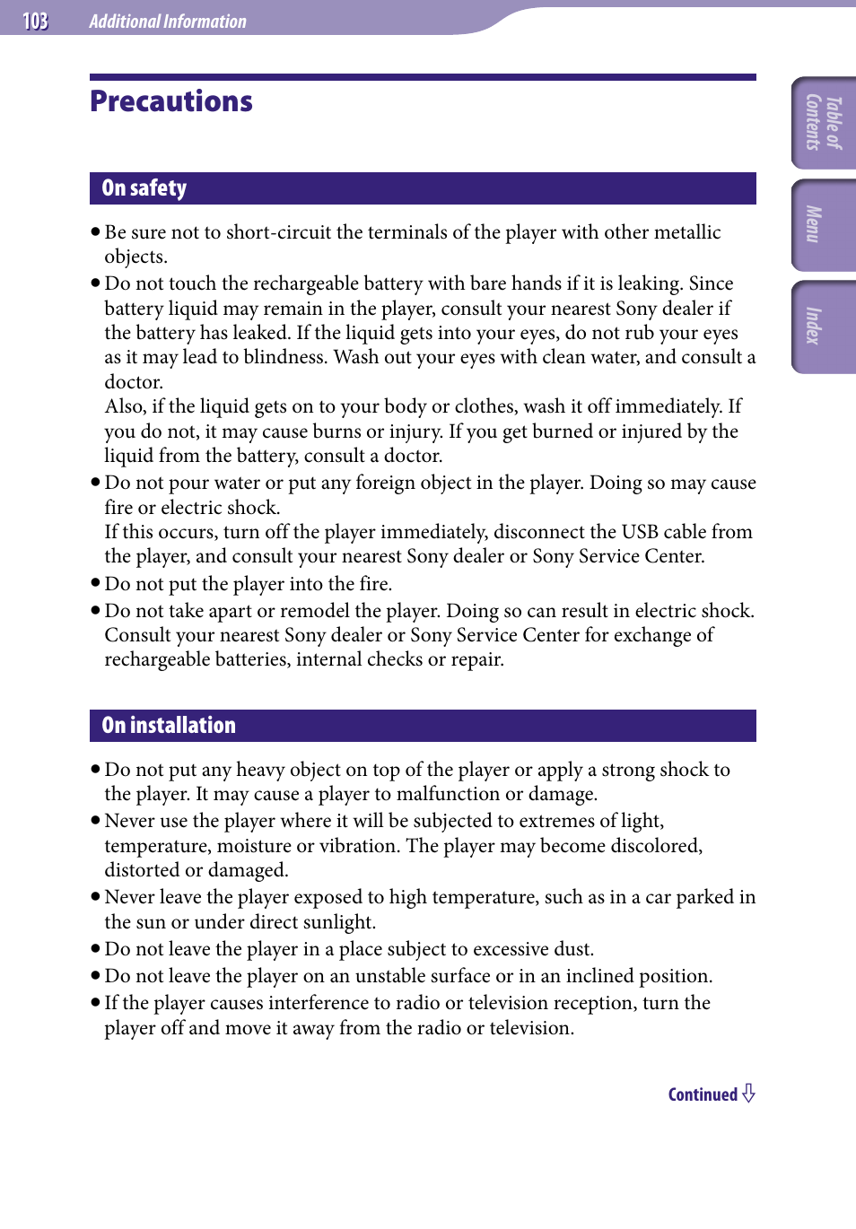 Additional information, Precautions, On safety | On installation | Sony NW-S705FBLACK User Manual | Page 103 / 113