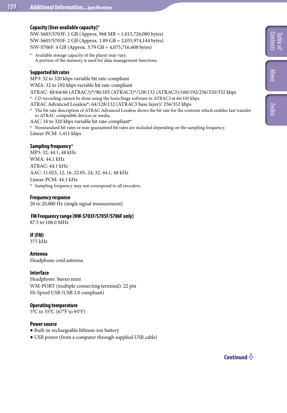 Table of cont ents inde x menu, Additional information | Sony NW-S705FBLACK User Manual | Page 109 / 113