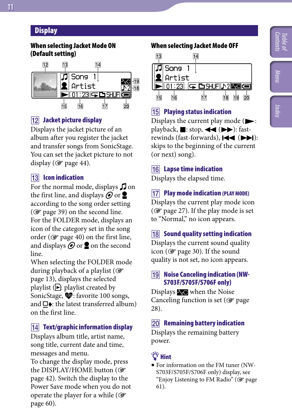 Display | Sony NW-S705FBLACK User Manual | Page 11 / 113