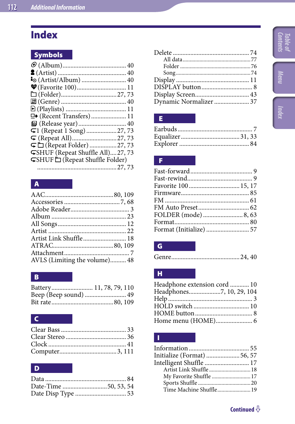 Index | Sony NW-S705FBLACK User Manual | Page 112 / 113