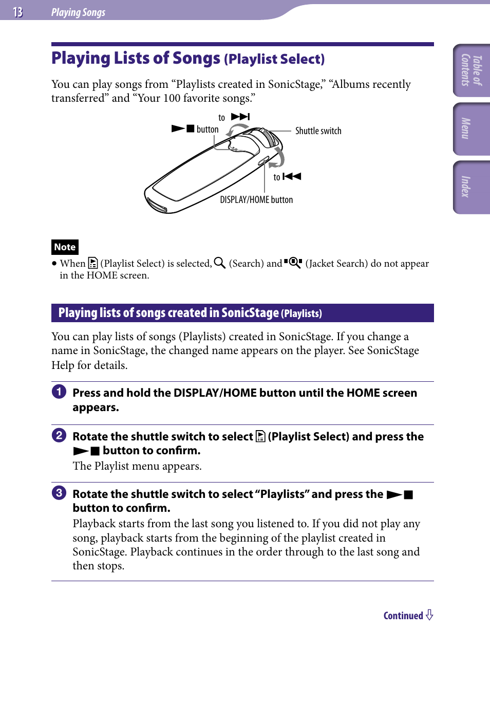 Playing lists of songs (playlist select), Playing lists of songs, Playlist select) | Playing lists of songs created in, Sonicstage, Playlists), Playlists, Playing lists of songs created in sonicstage | Sony NW-S705FBLACK User Manual | Page 13 / 113