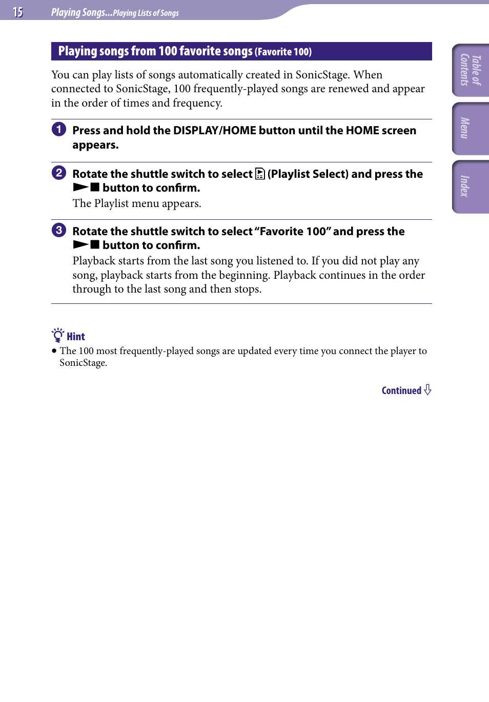 Playing songs from 100 favorite songs, Favorite 100), Favorite 100 | Sony NW-S705FBLACK User Manual | Page 15 / 113