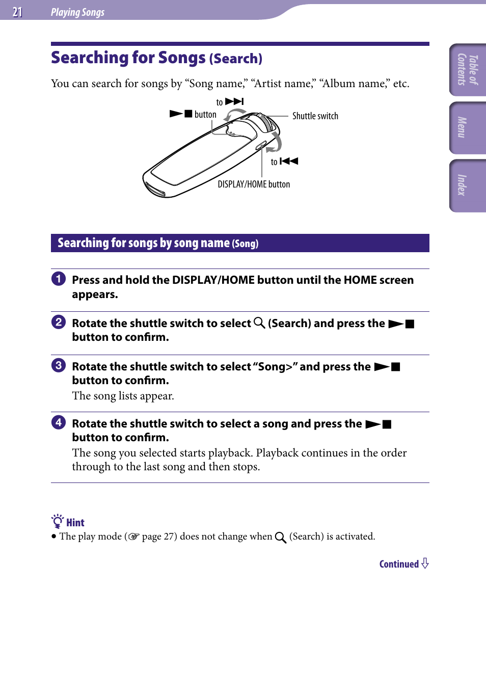 Searching for songs (search), Searching for songs by song name (song), Searching for songs | Search), Searching for songs by song name, Song), Song | Sony NW-S705FBLACK User Manual | Page 21 / 113