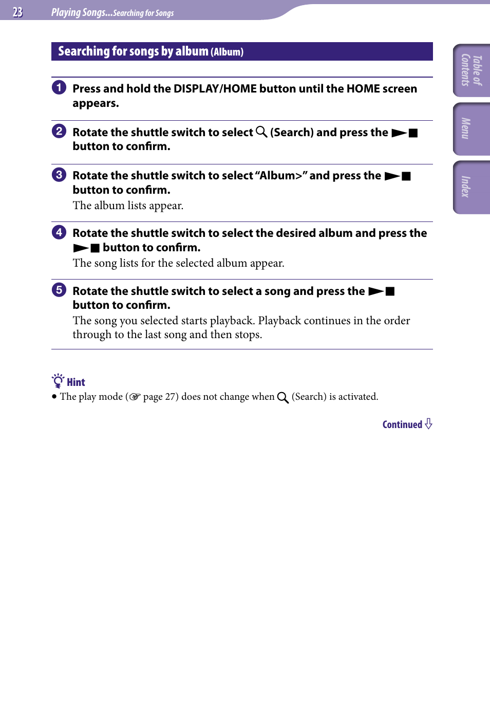 Searching for songs by album (album), Searching for songs by album, Album) | Album | Sony NW-S705FBLACK User Manual | Page 23 / 113