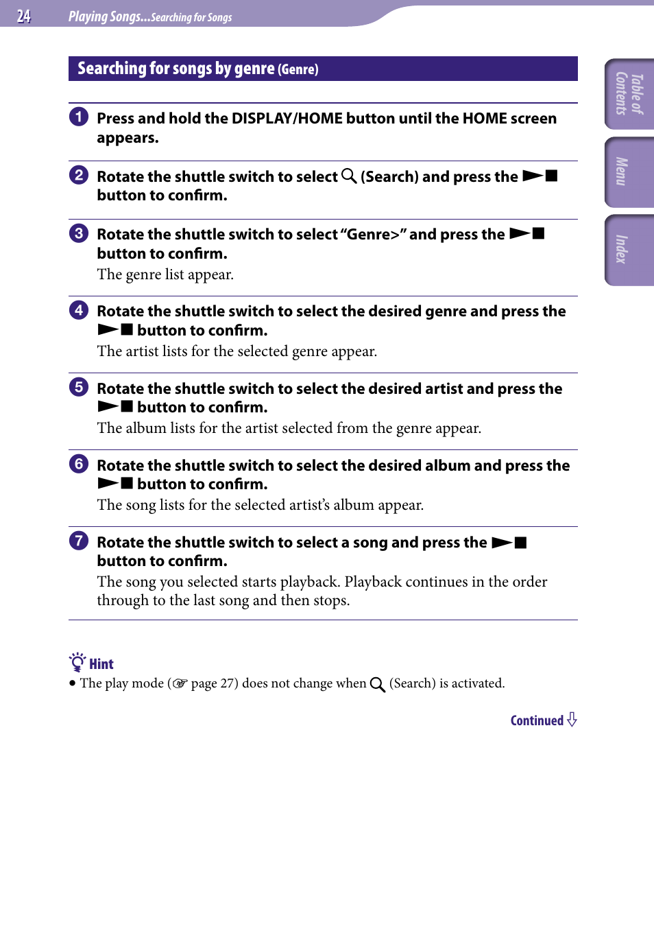 Searching for songs by genre (genre), Searching for songs by genre, Genre) | Genre | Sony NW-S705FBLACK User Manual | Page 24 / 113