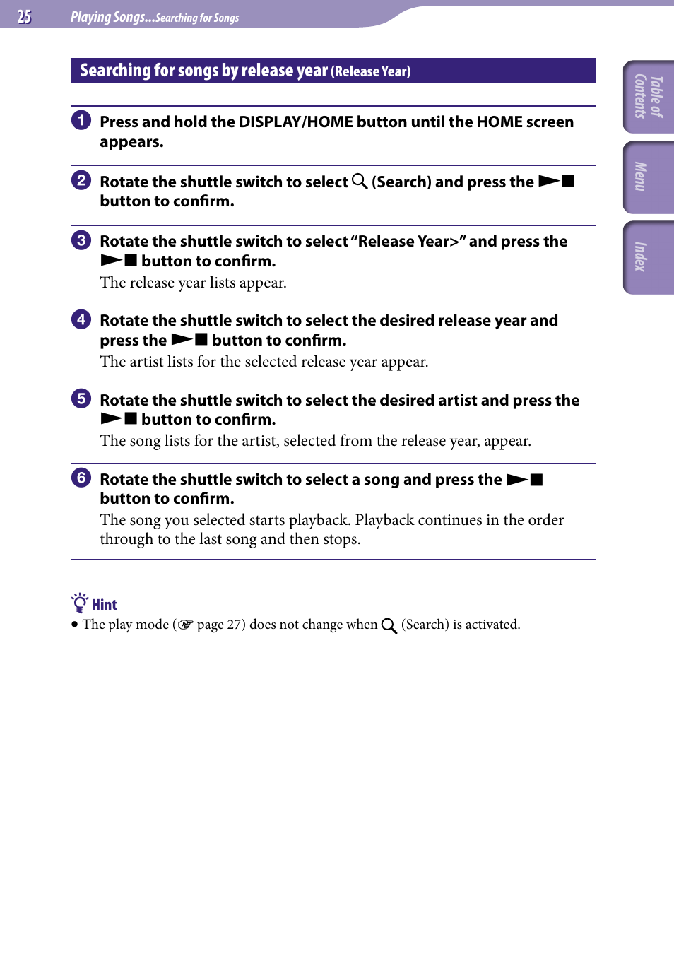Searching for songs by release year (release year), Searching for songs by release year, Release year) | Release year | Sony NW-S705FBLACK User Manual | Page 25 / 113