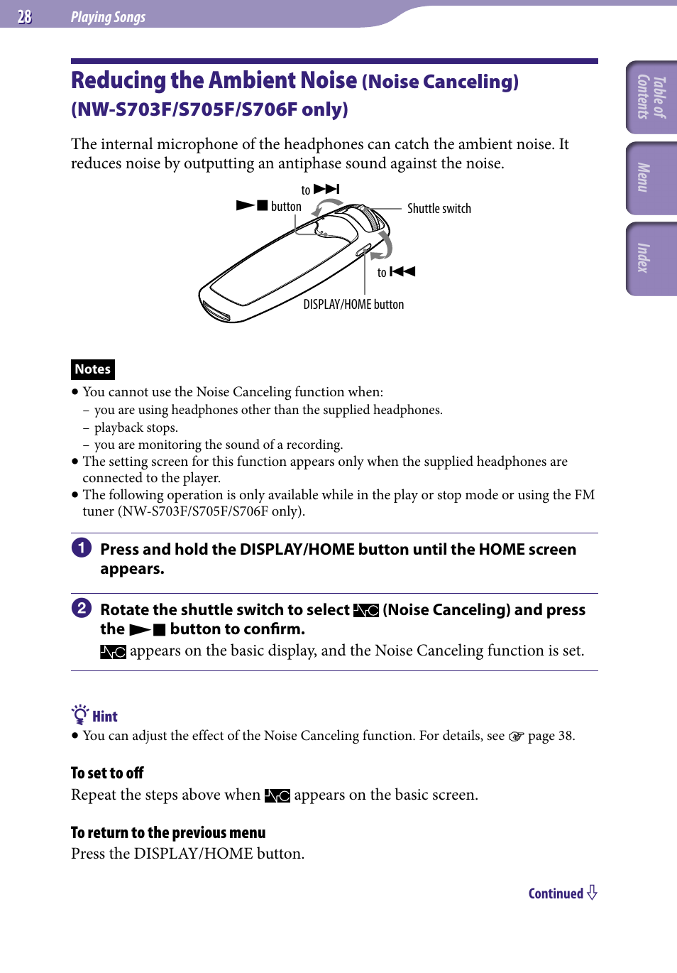 Reducing the ambient noise, Noise canceling), Nw-s703f/s705f/s706f only) | Sony NW-S705FBLACK User Manual | Page 28 / 113