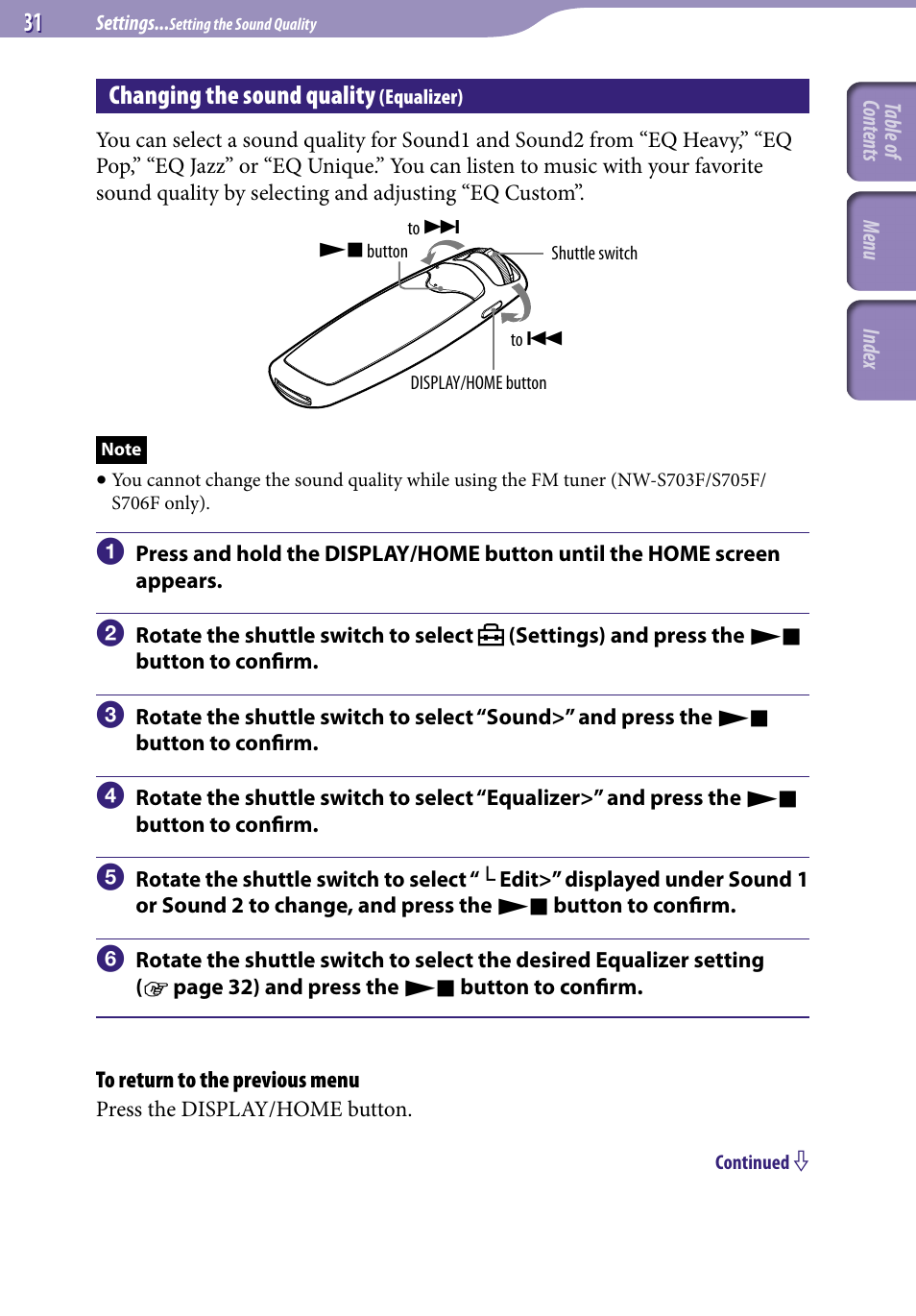 Changing the sound quality (equalizer), Changing the sound quality, Equalizer) | Equalizer | Sony NW-S705FBLACK User Manual | Page 31 / 113