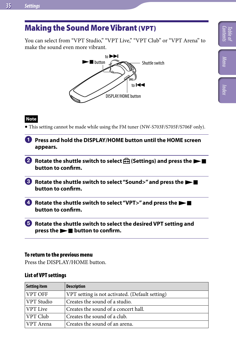 Making the sound more vibrant (vpt), Making the sound more vibrant, Vpt) | Sony NW-S705FBLACK User Manual | Page 35 / 113