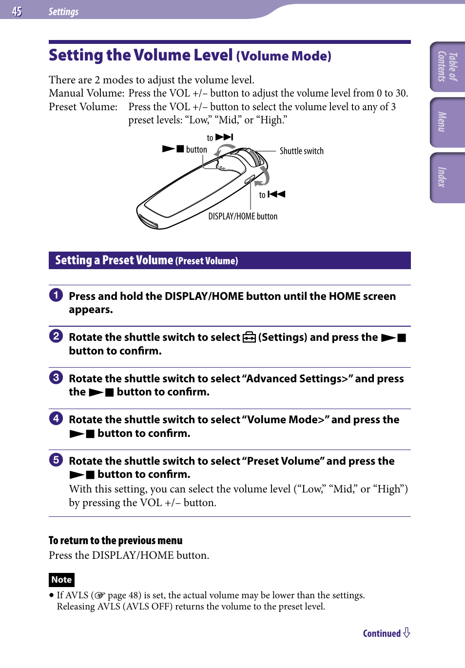 Setting the volume level (volume mode), Setting a preset volume (preset volume), Setting the volume level | Volume mode), Setting a preset volume, Preset volume), Volume mode | Sony NW-S705FBLACK User Manual | Page 45 / 113