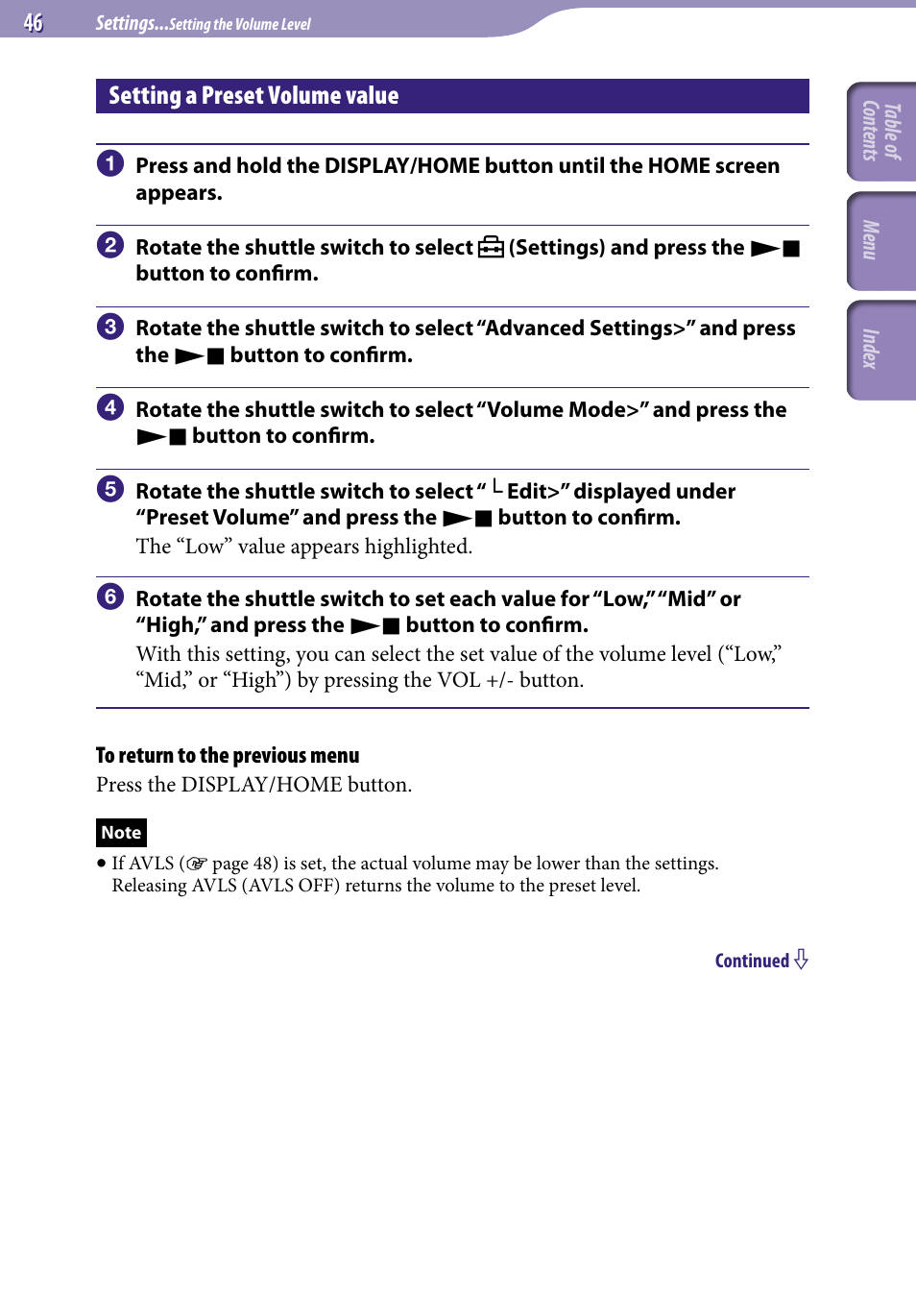 Setting a preset volume value | Sony NW-S705FBLACK User Manual | Page 46 / 113