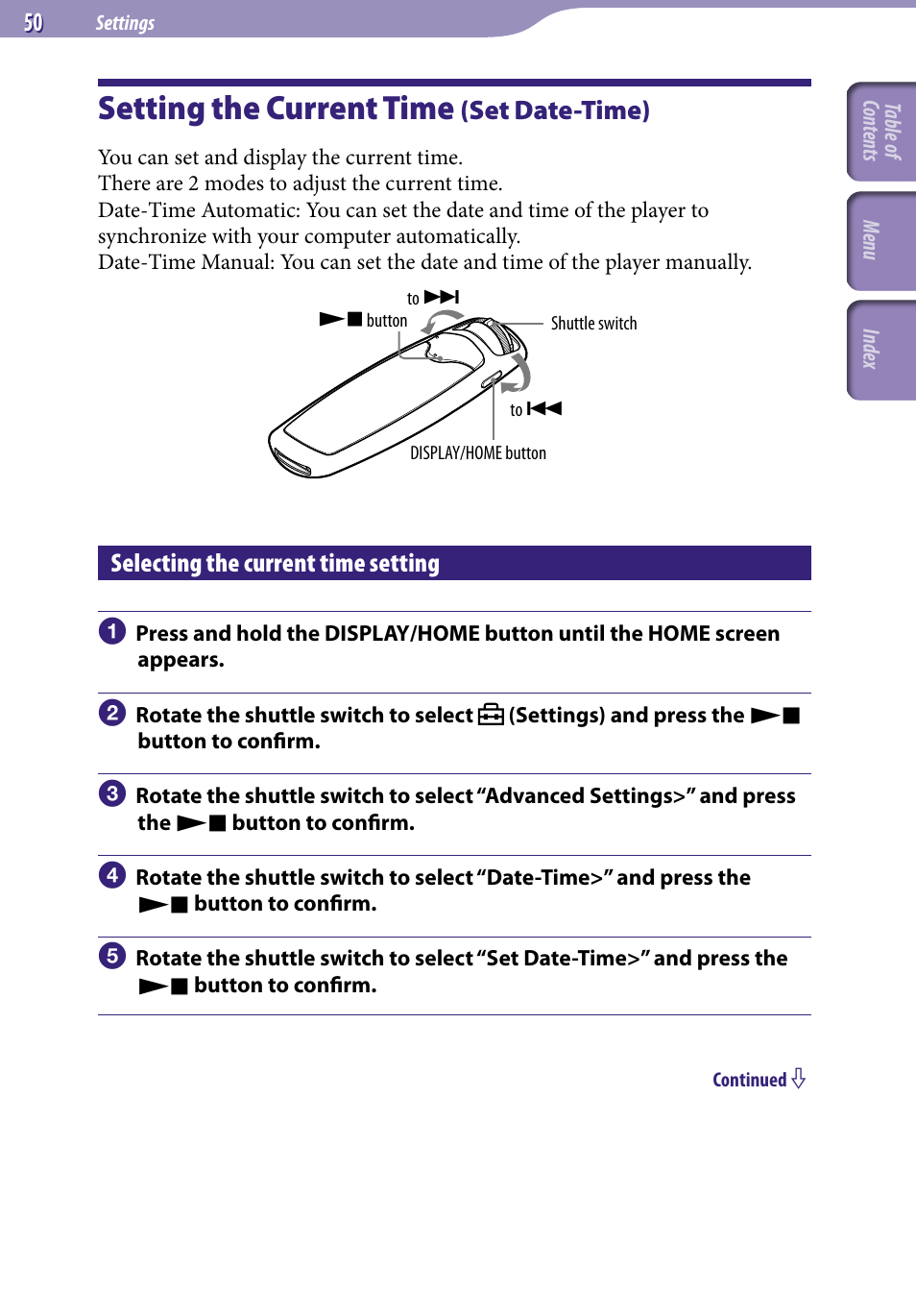 Setting the current time (set date-time), Selecting the current time setting, Setting the current time | Set date-time), Set date-time | Sony NW-S705FBLACK User Manual | Page 50 / 113