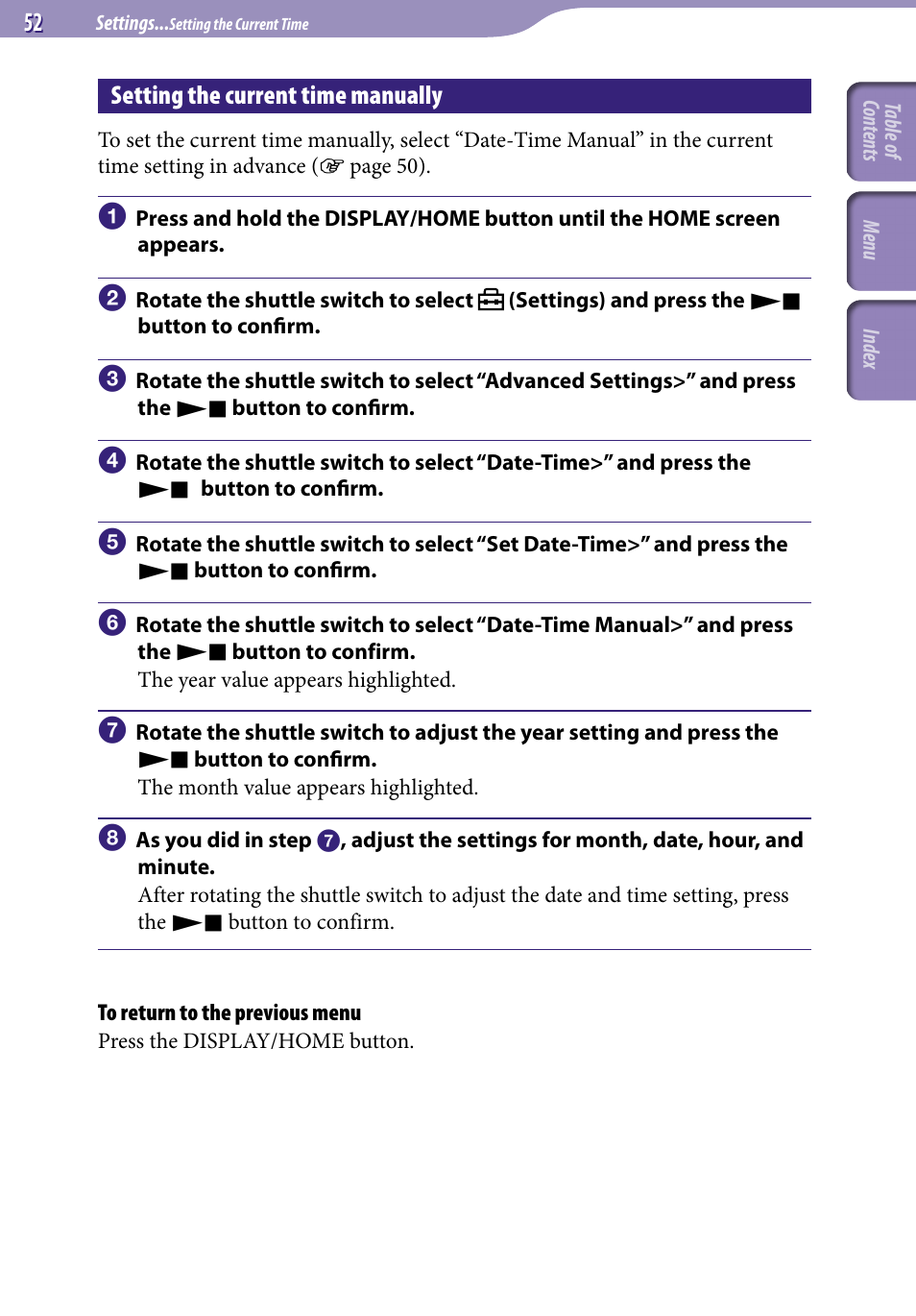 Setting the current time manually | Sony NW-S705FBLACK User Manual | Page 52 / 113