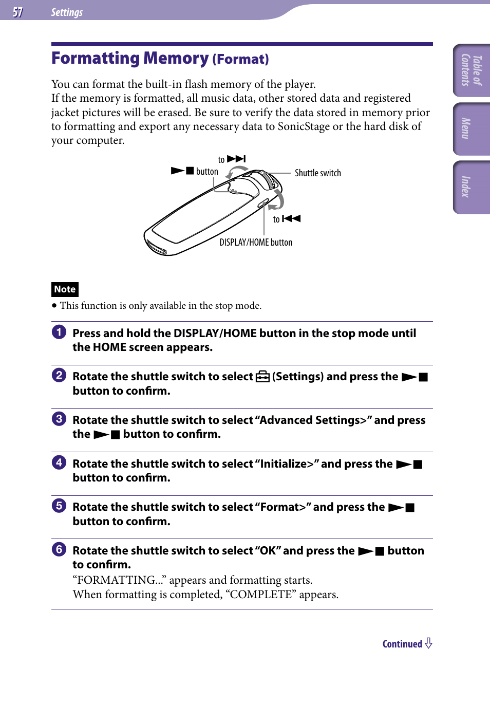 Formatting memory (format), Formatting memory, Format) | Format | Sony NW-S705FBLACK User Manual | Page 57 / 113