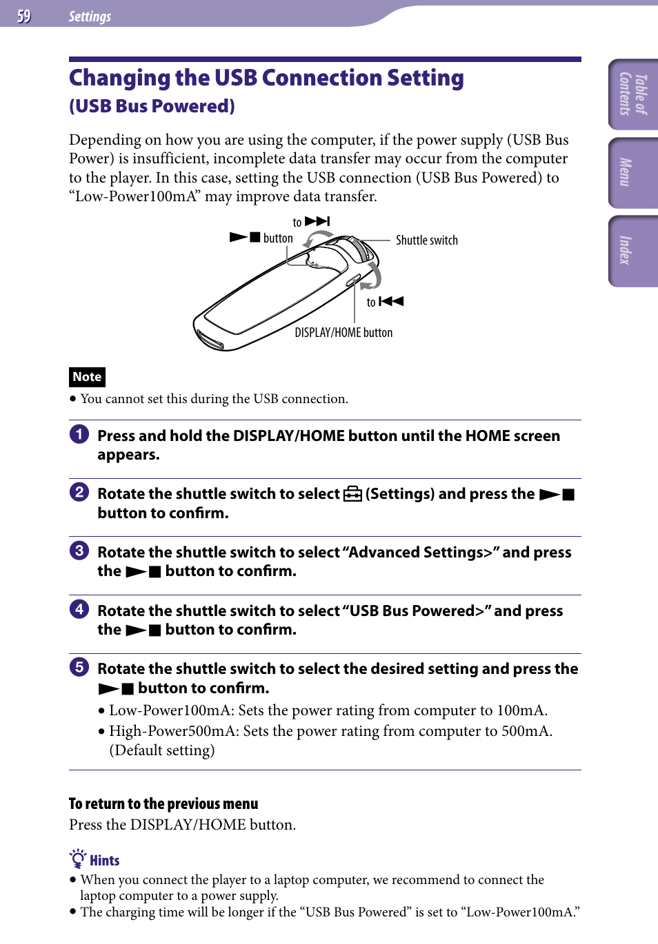 Changing the usb connection, Setting, Usb bus powered) | Usb bus powered, Changing the usb connection setting | Sony NW-S705FBLACK User Manual | Page 59 / 113