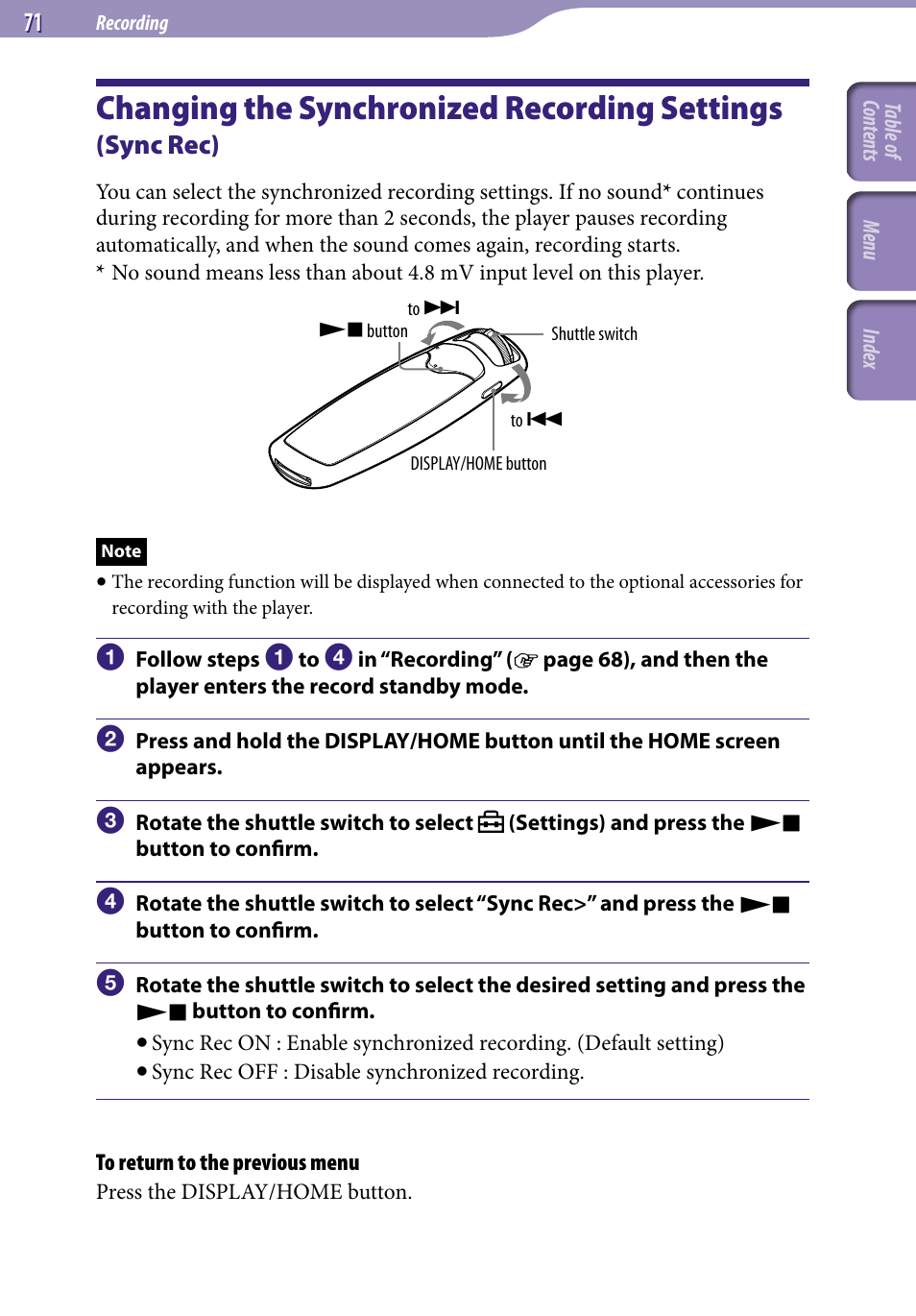 Changing the synchronized, Recording settings, Sync rec) | Sync rec, Changing the synchronized recording settings | Sony NW-S705FBLACK User Manual | Page 71 / 113