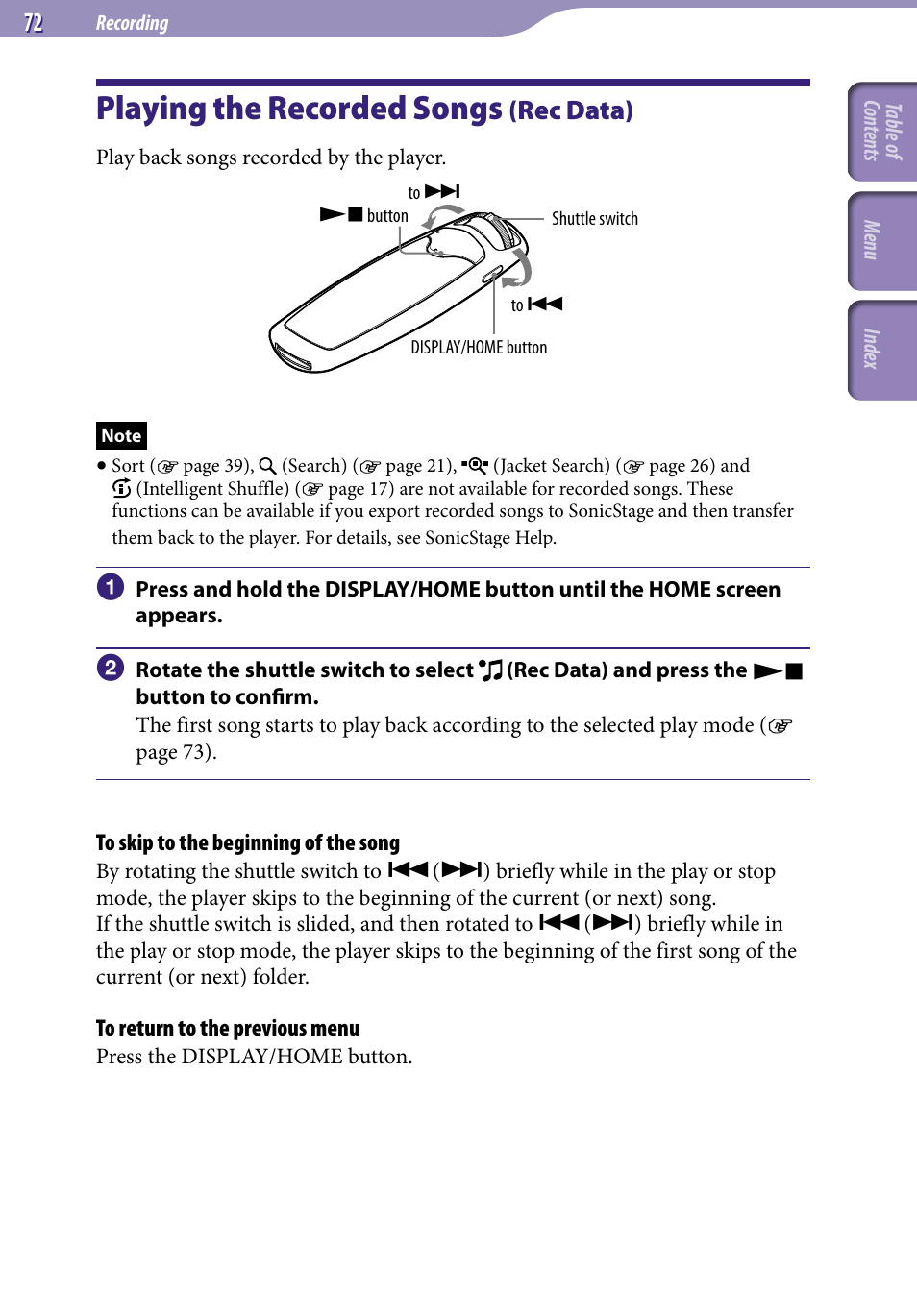 Playing the recorded songs (rec data), Playing the recorded songs, Rec data) | Sony NW-S705FBLACK User Manual | Page 72 / 113