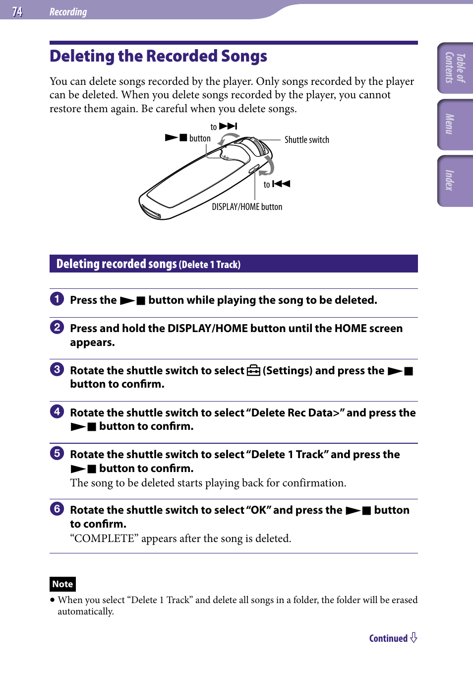 Deleting the recorded songs, Deleting recorded songs (delete 1 track), Deleting recorded songs | Delete 1 track), Delete 1 track | Sony NW-S705FBLACK User Manual | Page 74 / 113
