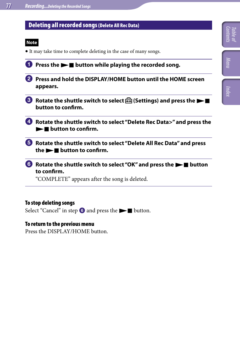 Deleting all recorded songs (delete all rec data), Deleting all recorded songs, Delete all rec data) | Delete all rec data | Sony NW-S705FBLACK User Manual | Page 77 / 113