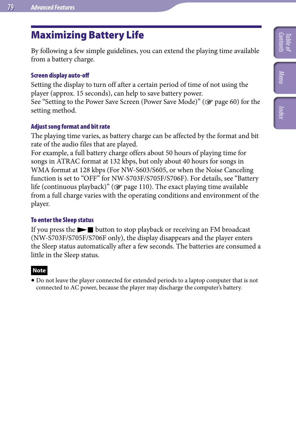 Maximizing battery life | Sony NW-S705FBLACK User Manual | Page 79 / 113