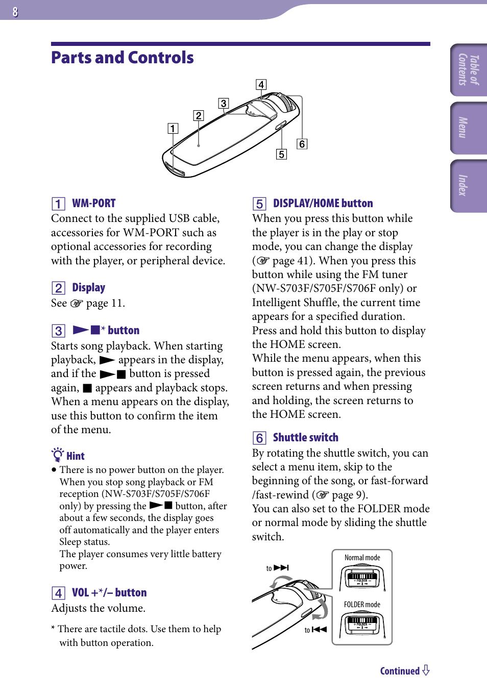 Parts and controls | Sony NW-S705FBLACK User Manual | Page 8 / 113