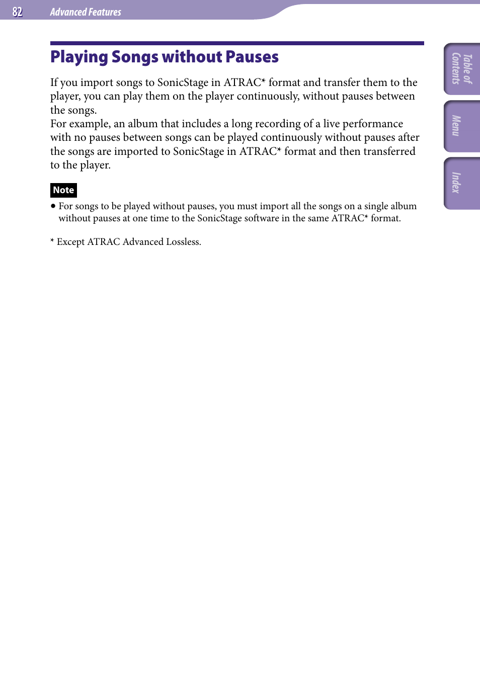 Playing songs without pauses | Sony NW-S705FBLACK User Manual | Page 82 / 113