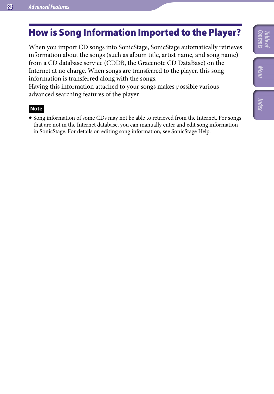 How is song information imported to the player, How is song information imported, To the player | Sony NW-S705FBLACK User Manual | Page 83 / 113